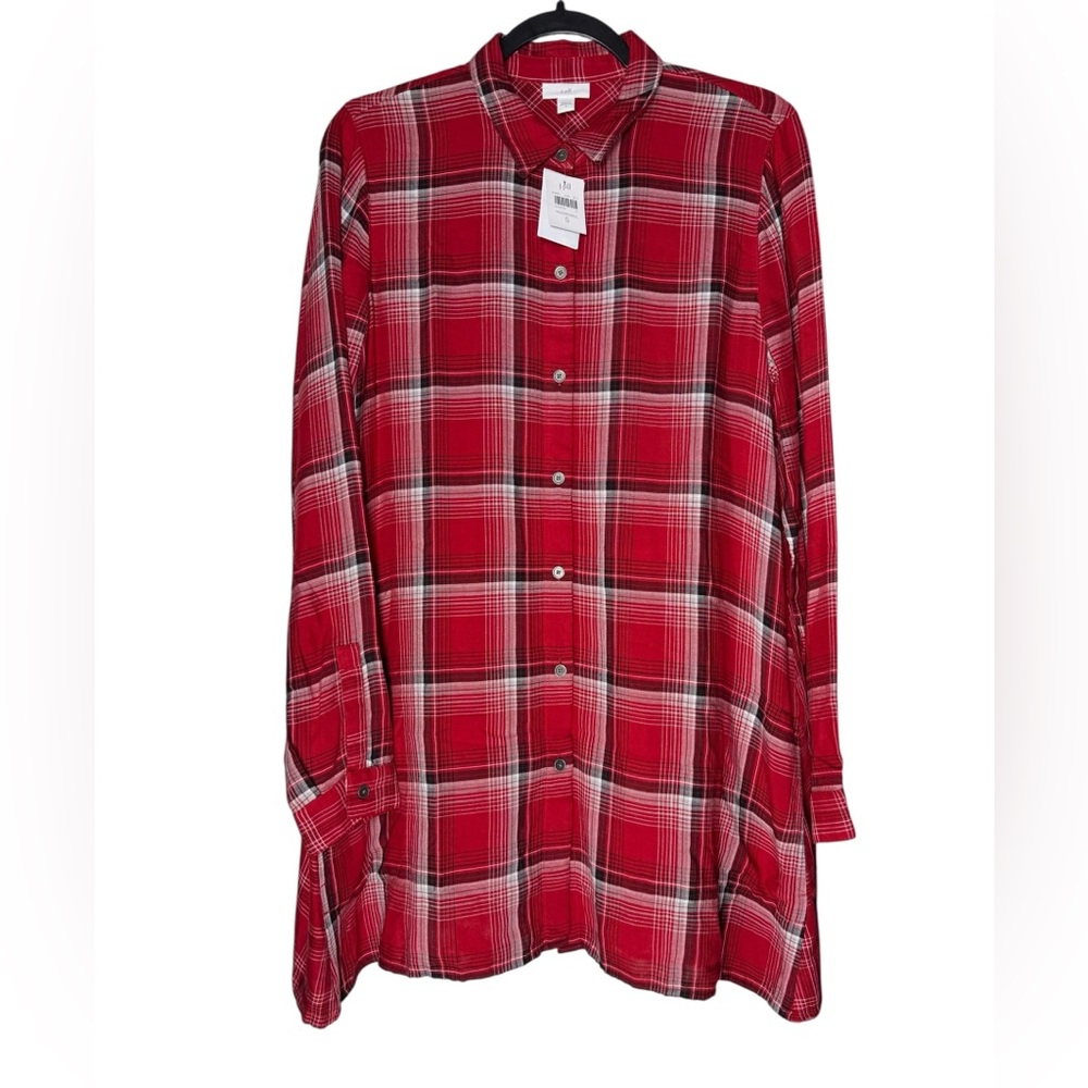 J Jill Red Plaid Tunic Shirt Small Pockets Cozy Cottagecore Casual Rayon NWT